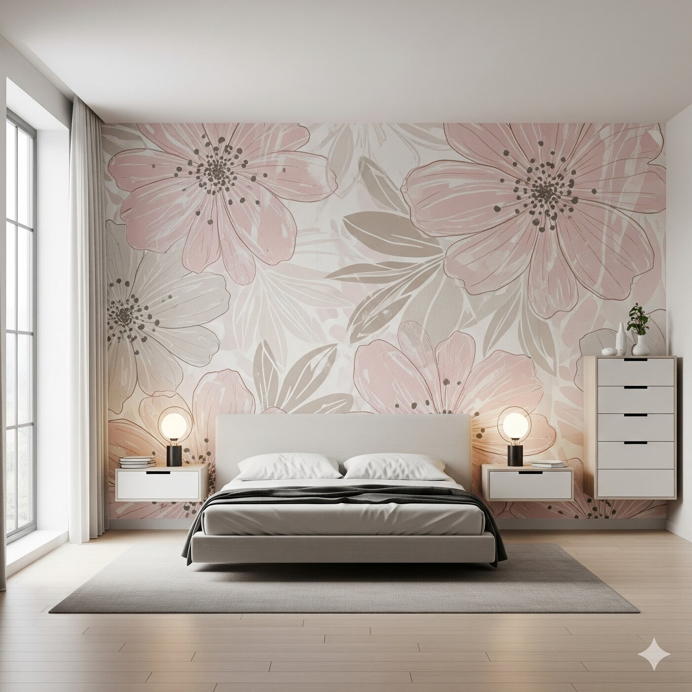 دیوار اتاقخواب مدرن با کاغذدیواری گلدار بزرگمقیاس در رنگهای صورتی پاستلی و بژ؛ گلها انتزاعی و فضا مینیمال.
