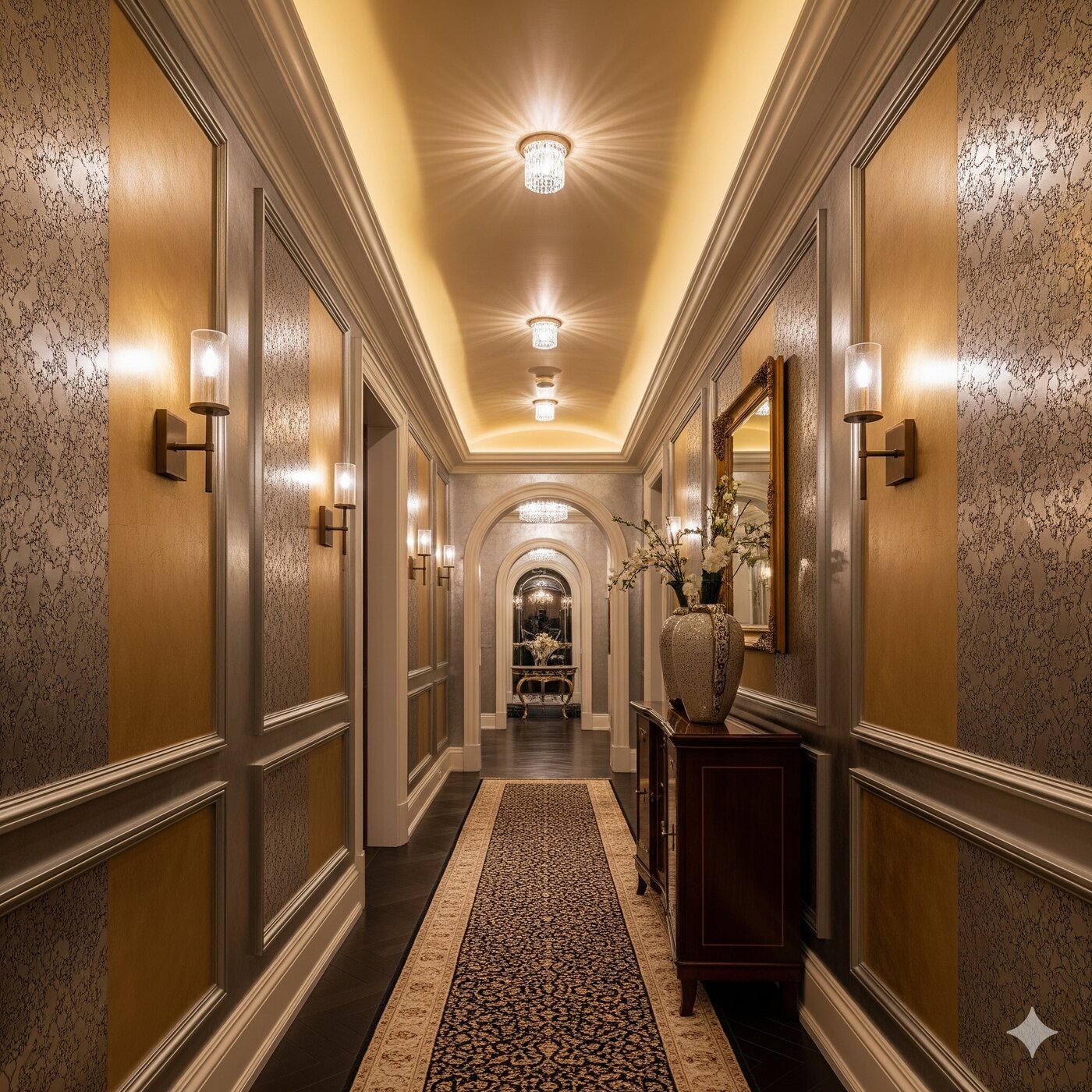 راهروی لوکس با کاغذدیواری متالیک نقرهای و طلایی که در نور گرم انعکاس مییابد؛ ظاهر واقعگرایانه و سینمایی.