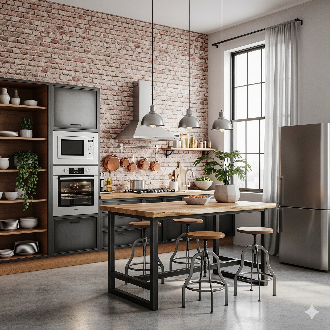 آشپزخانه به سبک لوفت با دیوار پوشیده از کاغذدیواری آجرنما، ترکیب فلز و چوب که فضای صنعتی و دنج ایجاد میکند.