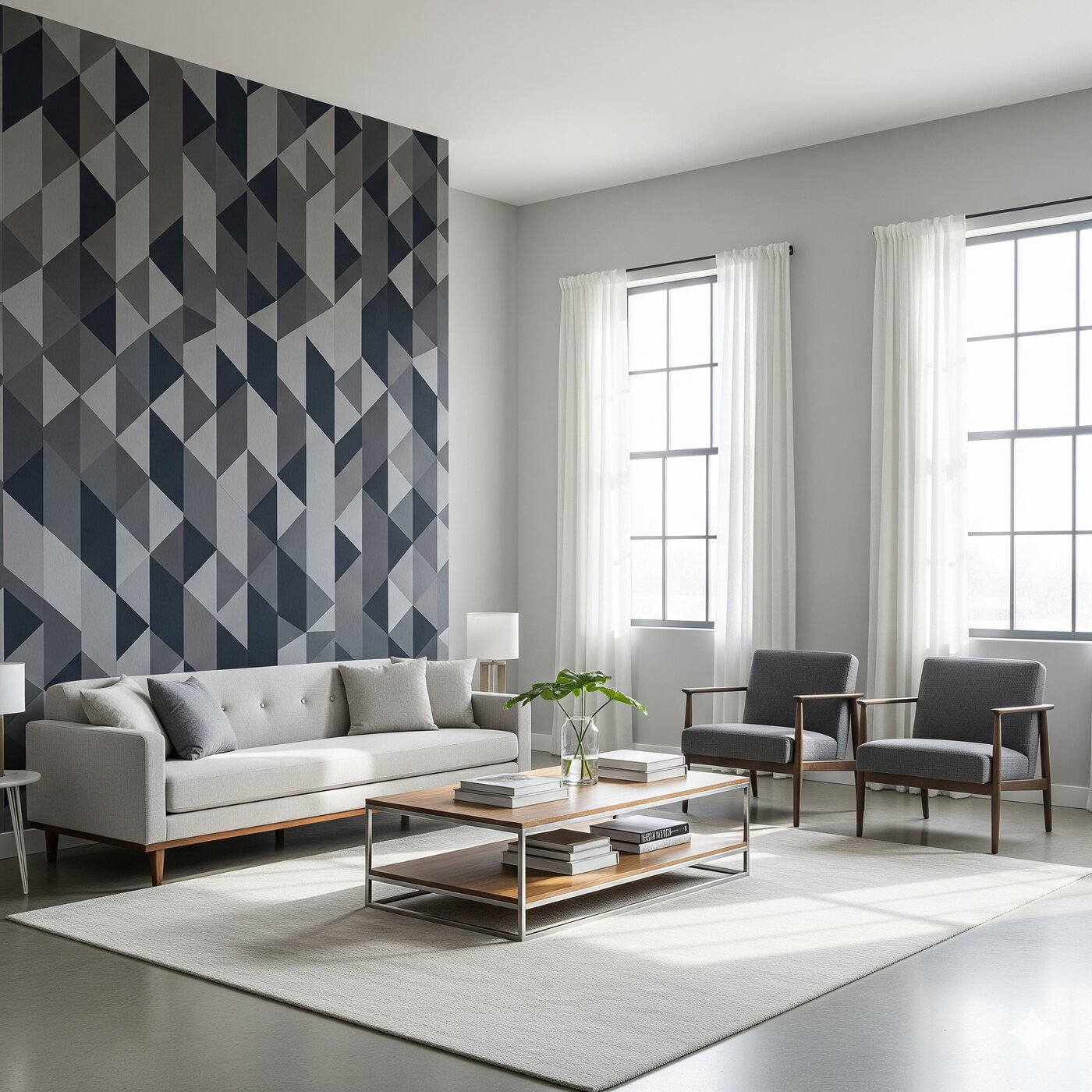 اتاق نشیمن روشن و مدرن با مبلمان معاصر و یک دیوار تأکیدی دارای کاغذدیواری هندسی خاکستری-سرمهای؛ نور طبیعی و ترکیببندی تمیز.