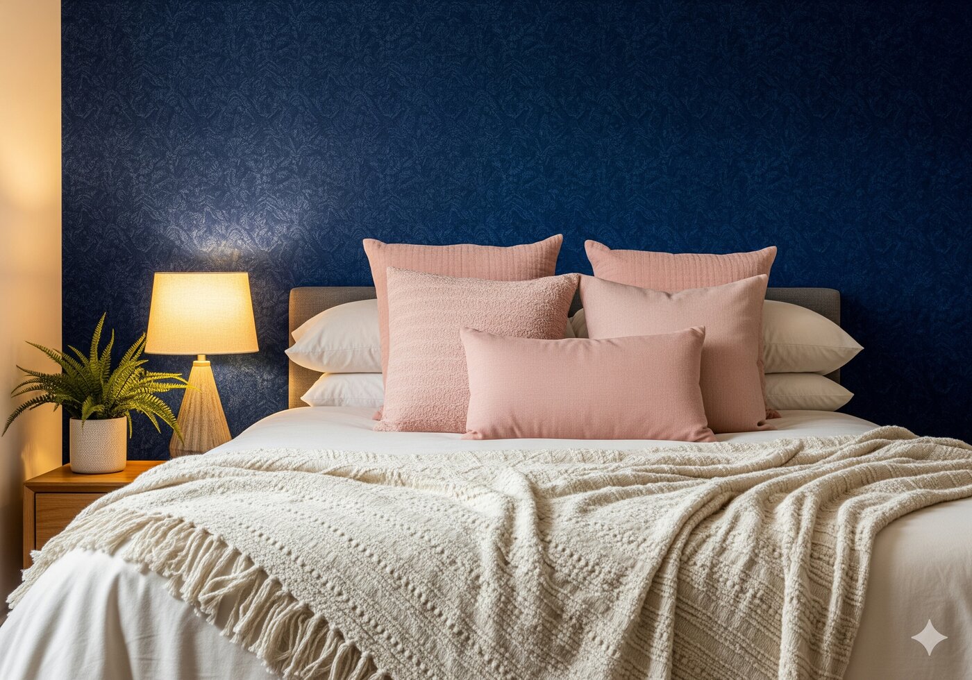 اتاق خواب دنج با دیوار شاخص سرمهای، روتختی کرمی و کوسنهای صورتی، نور گرم و گیاه طبیعی.