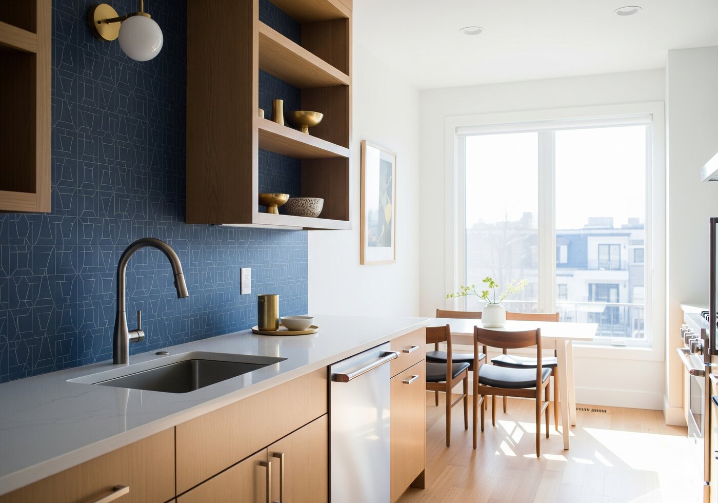 کنار آشپزخانه مدرن با بکاسپلش کاغذ دیواری سرمهای، کابینت سفید و عناصر فلزی براق.