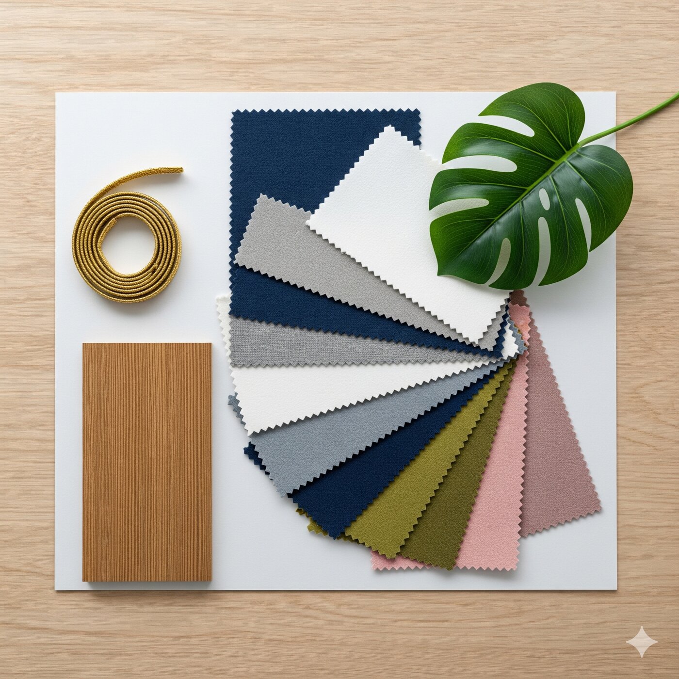 میدبرد (مجموعه نمونهها) تخترو با نمونههای رنگ و بافت: سرمهای، سفید، طوسی، سبز زیتونی، صورتی ملایم و نوار طلایی روی میز چوبی.